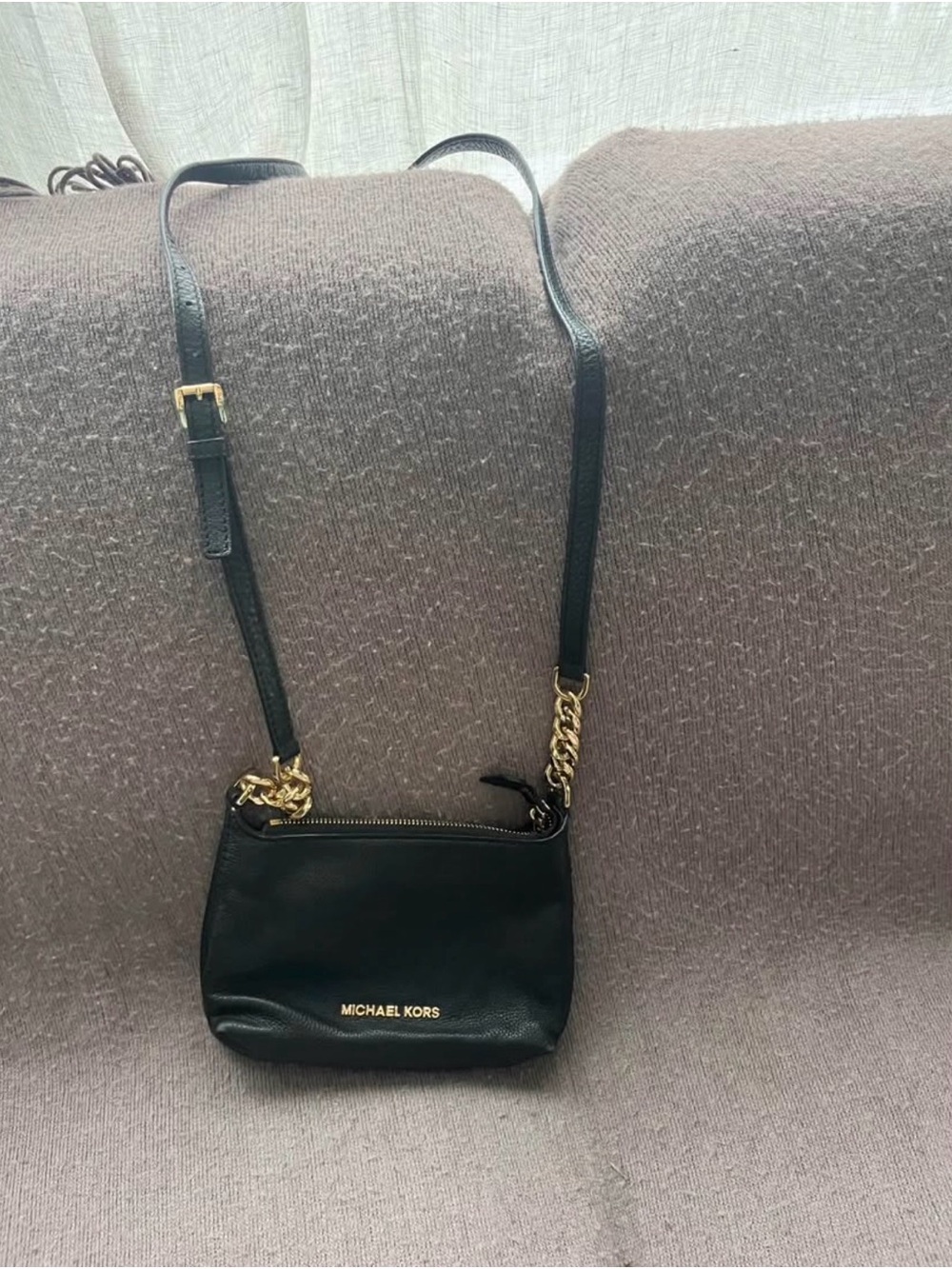 Michael Kors Black Leather Crossbody with Gold Chain Accents